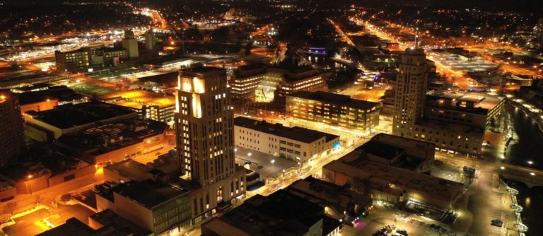 Downtown Battle Creek Drone Shot at Night
